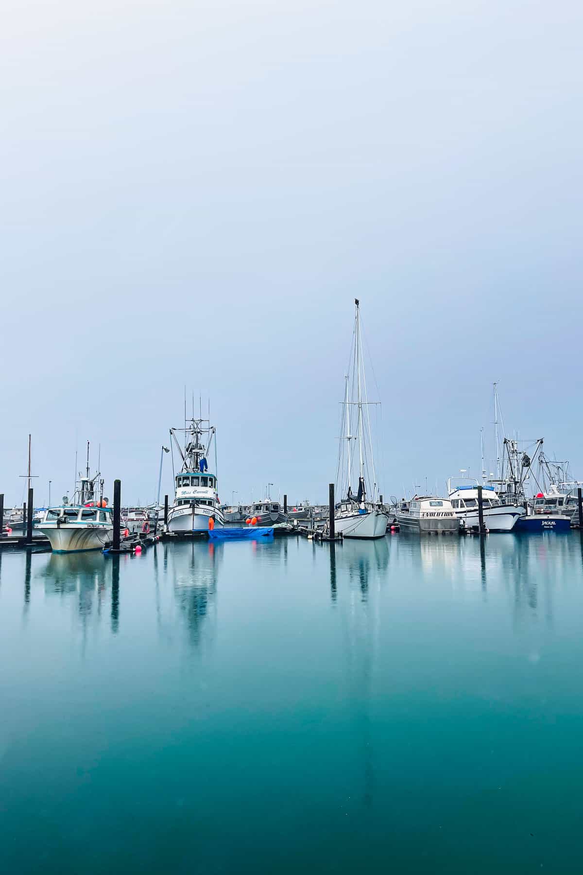 A view of Alaskan harbor with blue skies