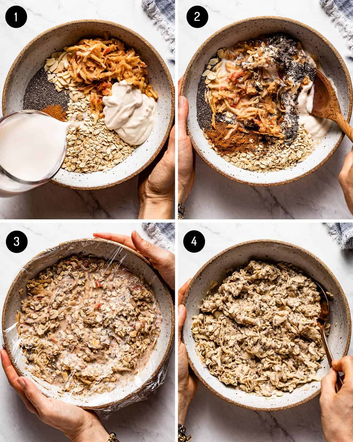 Steps showing how to make overnight muesli in four images