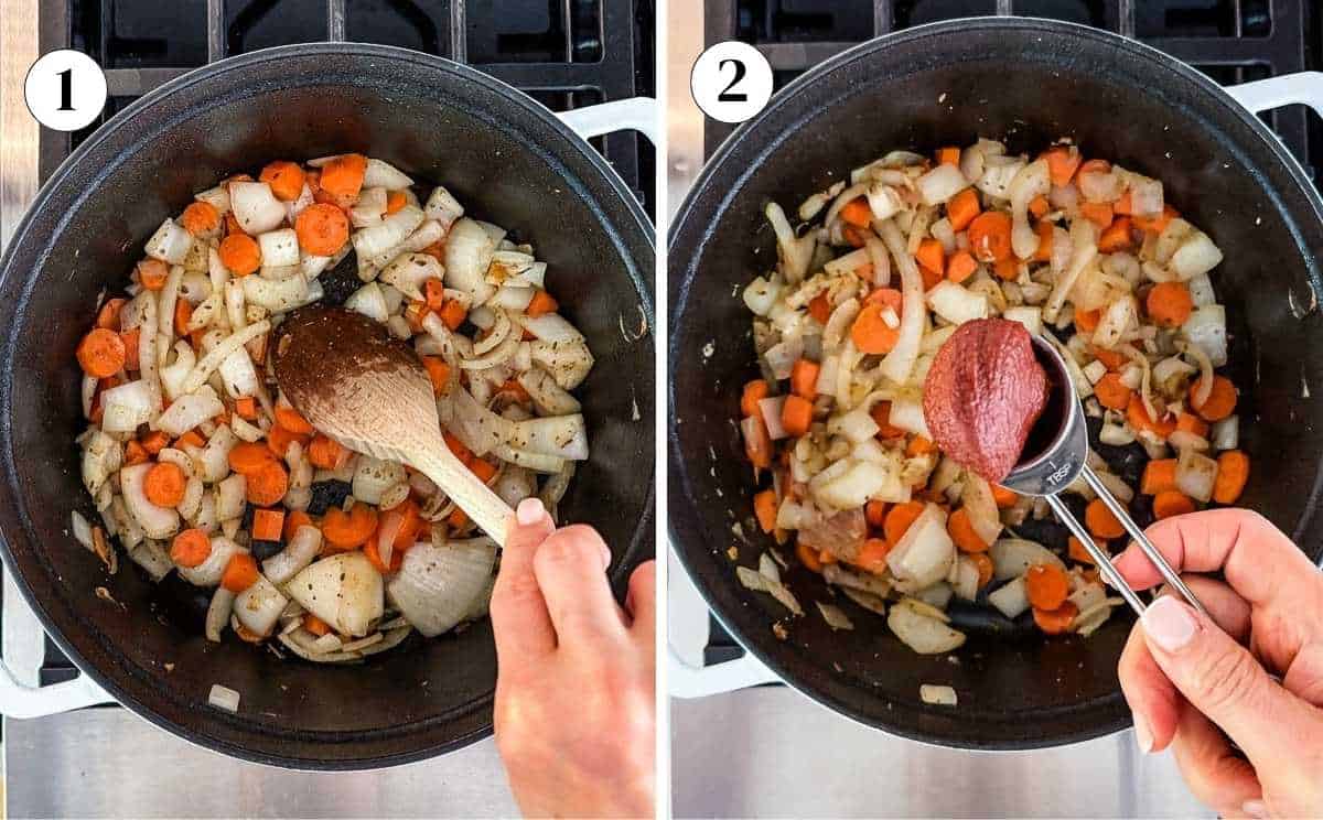 A two-panel image showing the cooking process: (Step 1) Sautéing chopped onions and carrots in a pot with a wooden spoon, and (Step 2) Adding a tablespoon of tomato paste to the softened vegetables.