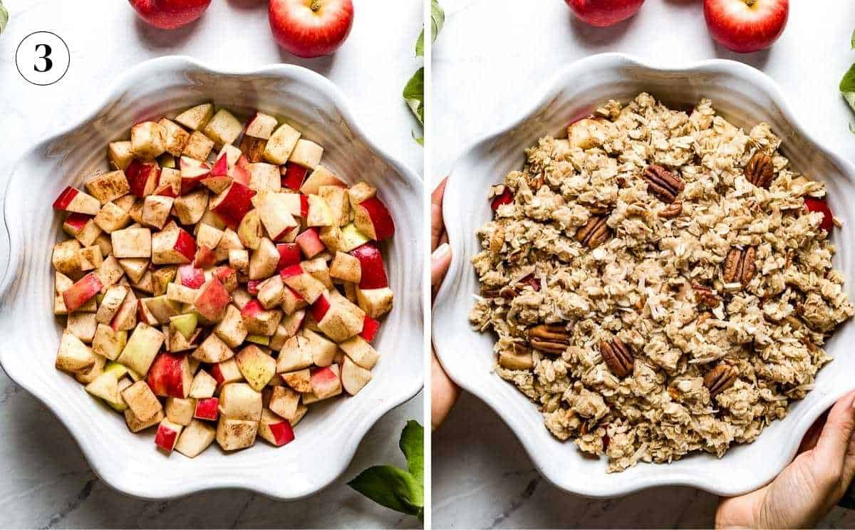Side by side photos showing the assembly of the recipe for vegan apple crisp.