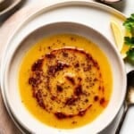 A Pinterest-style graphic featuring a bowl of Turkish red lentil soup with chili oil garnish, with text reading "Turkish Lentil Soup Authentic Recipe."