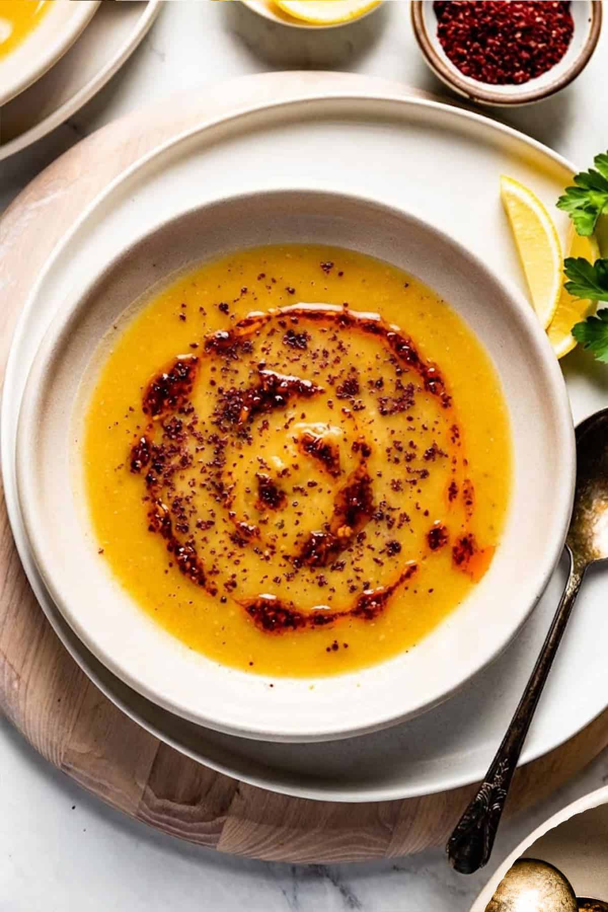 A close-up, top-down view of a bowl of smooth Turkish red lentil soup, drizzled with a swirl of red chili butter (pul biber yağı) and sprinkled with dark red Aleppo pepper flakes, served with a side of lemon and parsley.