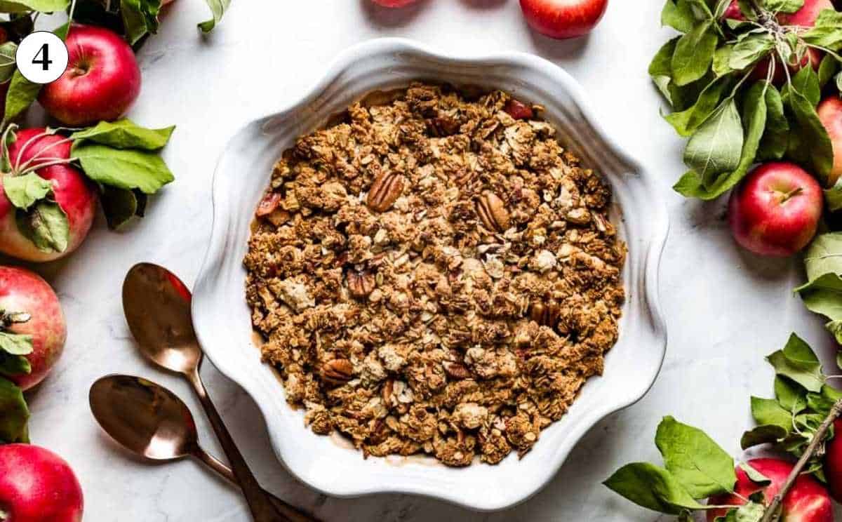A photo of the freshly baked no butter added apple crisp from the top view.
