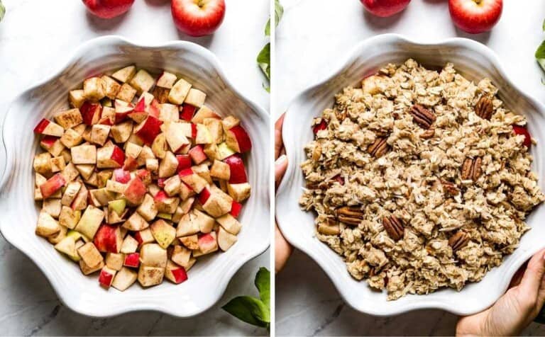Collage of images showing the assembly of the apple crisp.