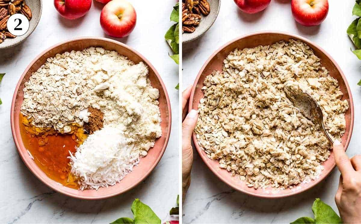 A collage of images showing the making of vegetarian apple crisp's topping.
