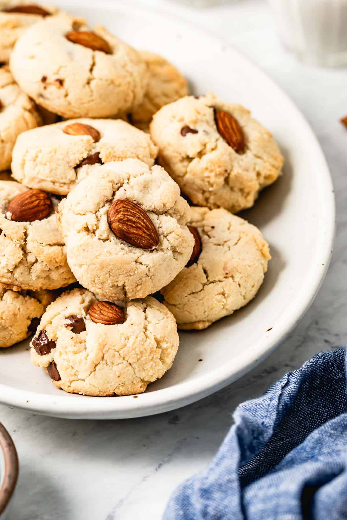 almond flour cookies with chocolate chips (Healthy, vegan and gluten free) are photographed from the front view on a plate.