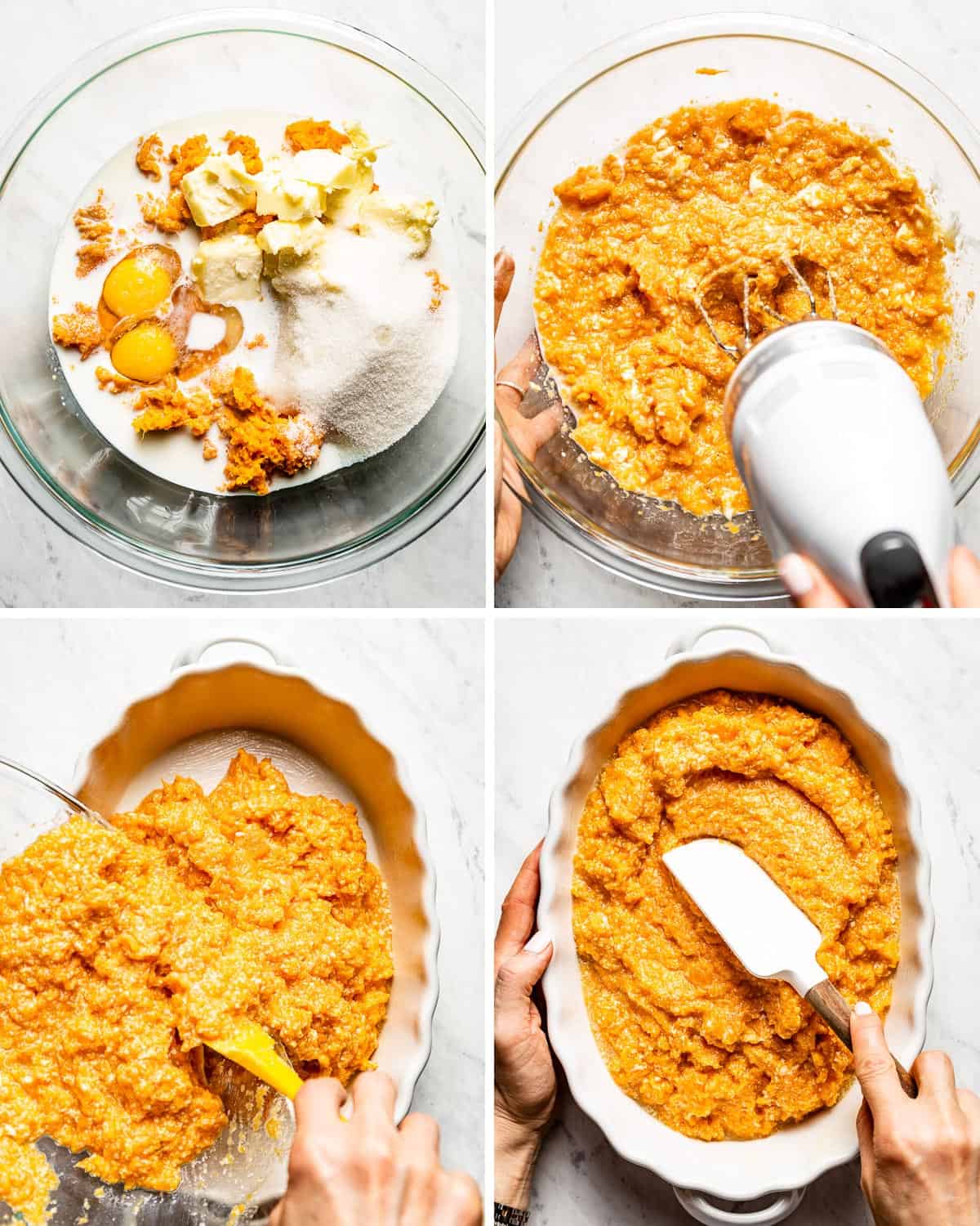 person showing how to make sweet potato mixture for the recipe