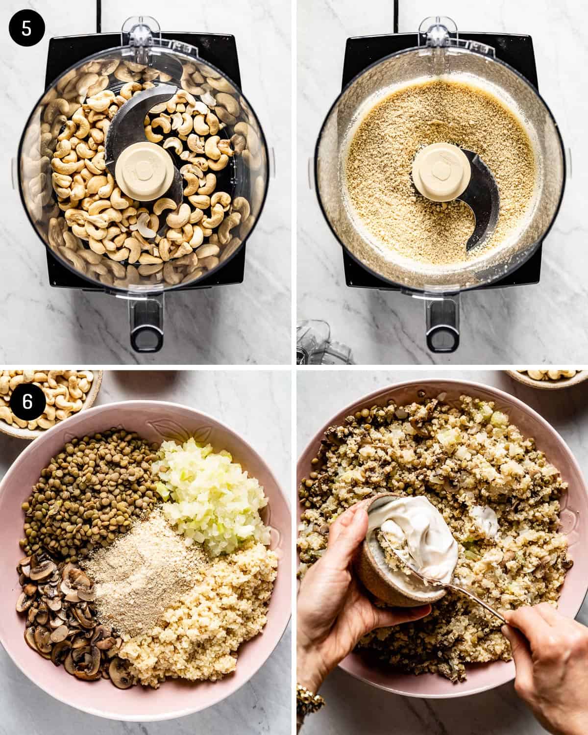 cashews in food processor and person making bulgur patty mixture
