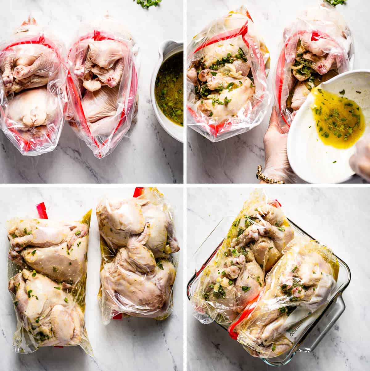 Images showing how to marinade cornish hens