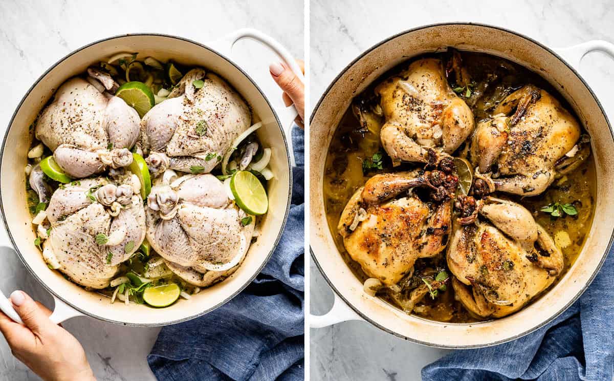 cornish game hen before and after it is roasted being shown in two photos