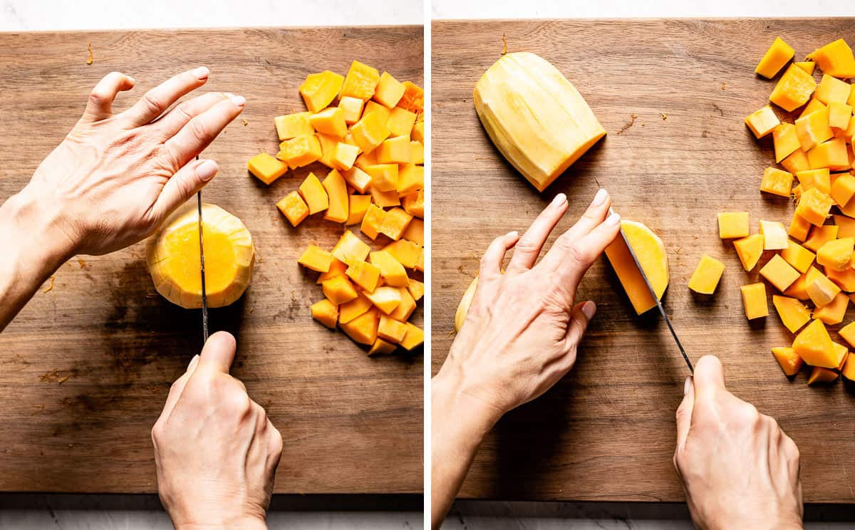 person showing how to cut butternut squash