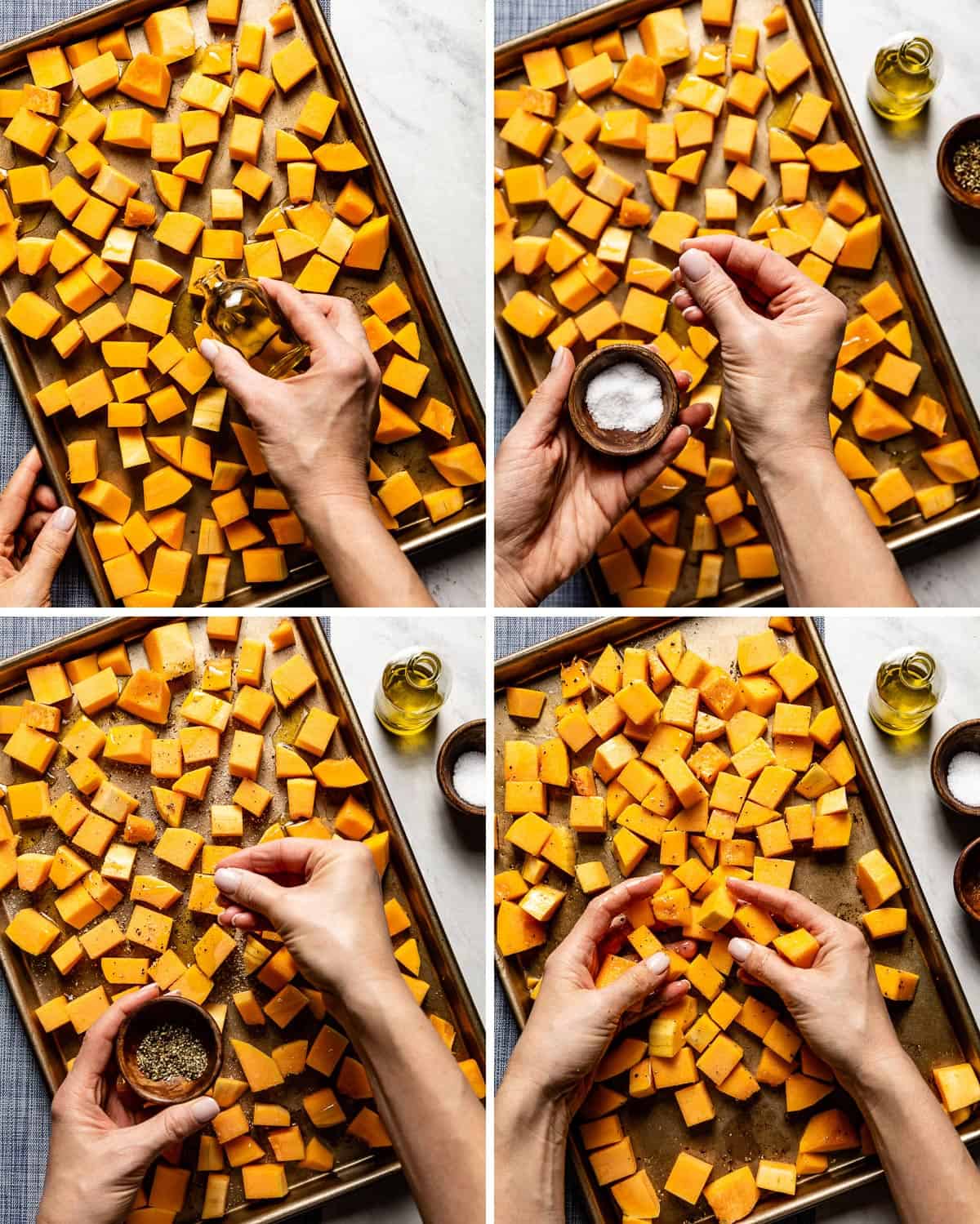 Person showing how to roast butternut squash cubes in four images