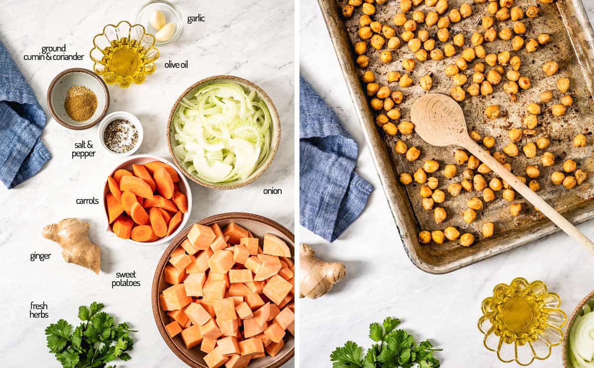 Ingredients for sweet potato soup are laid out with text on the image