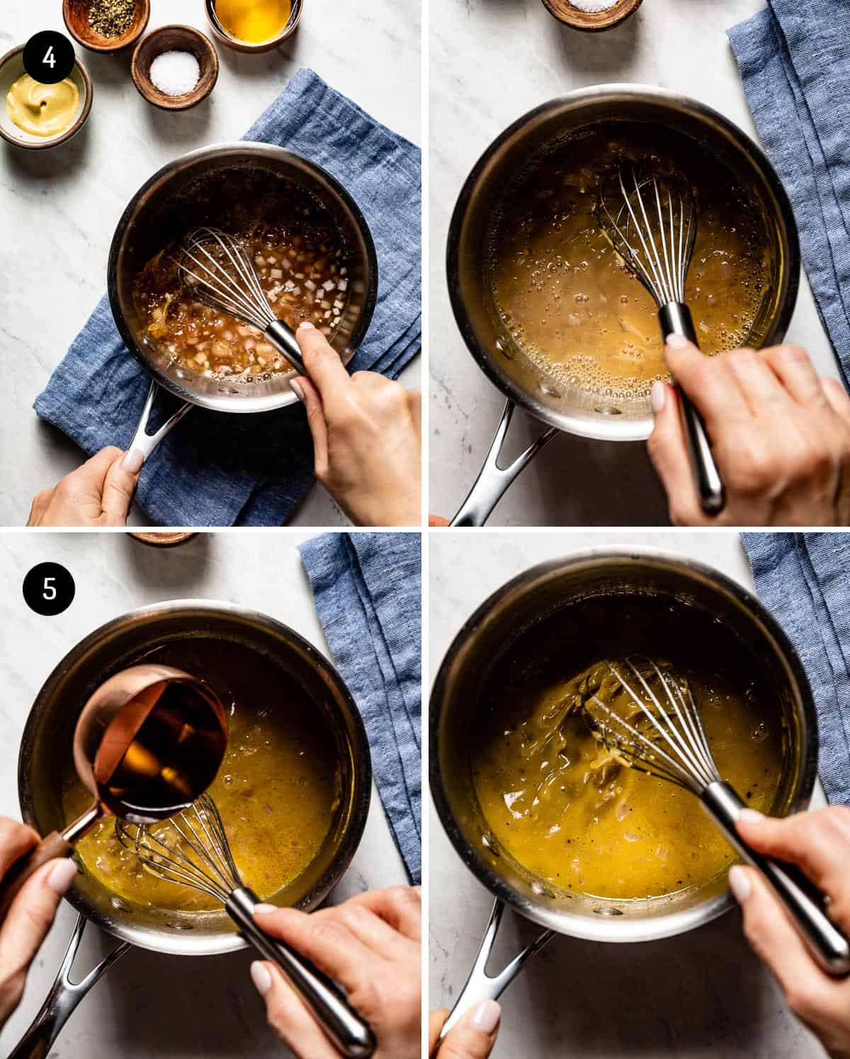person making apple cider vinaigrette in a step by step collage