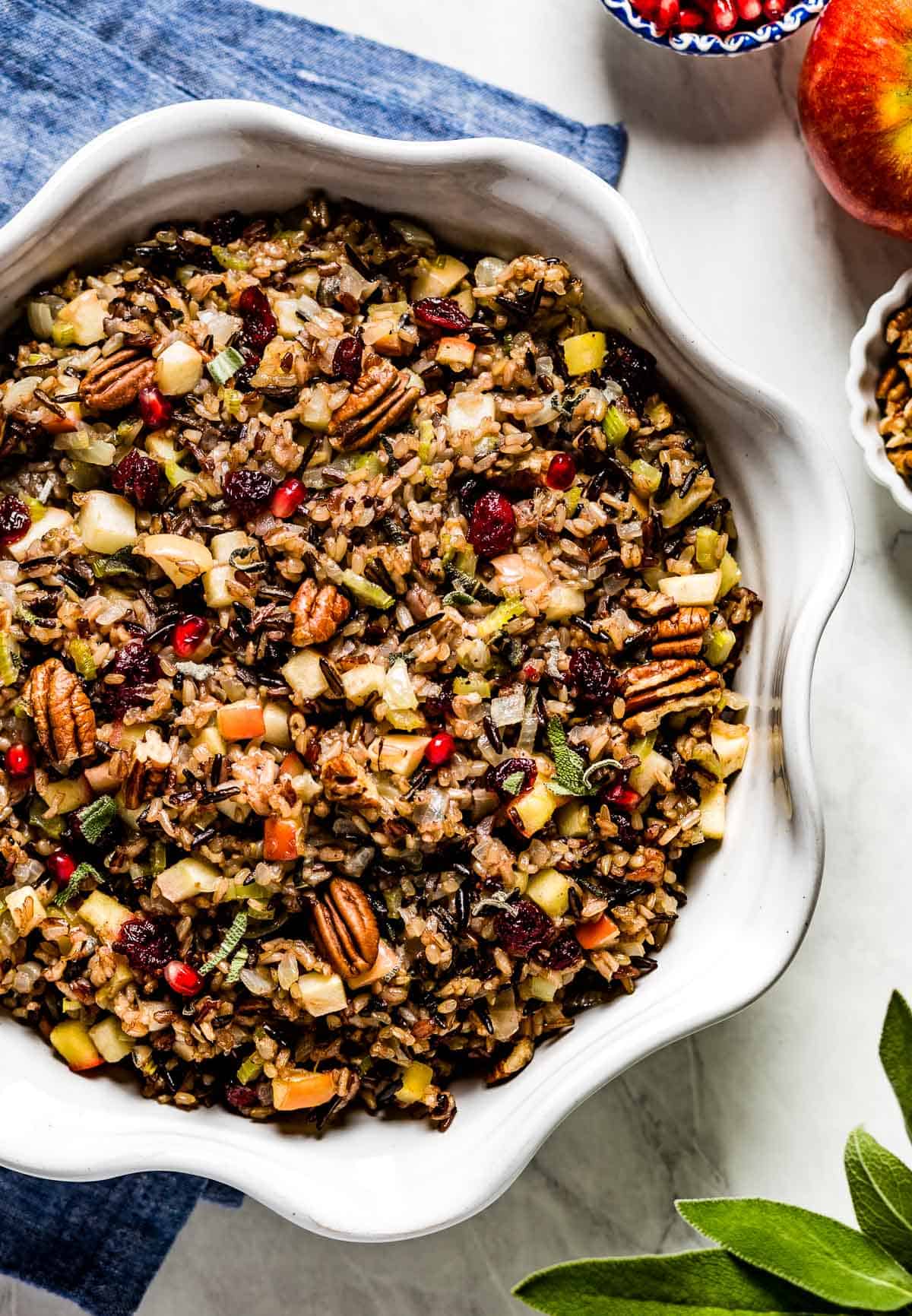Wild rice stuffing recipe placed in a bowl from the top view