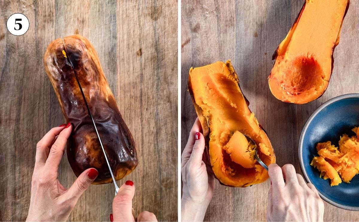 A collage of images showing the cutting of a butternut squash after it is roasted and scooping the flesh.