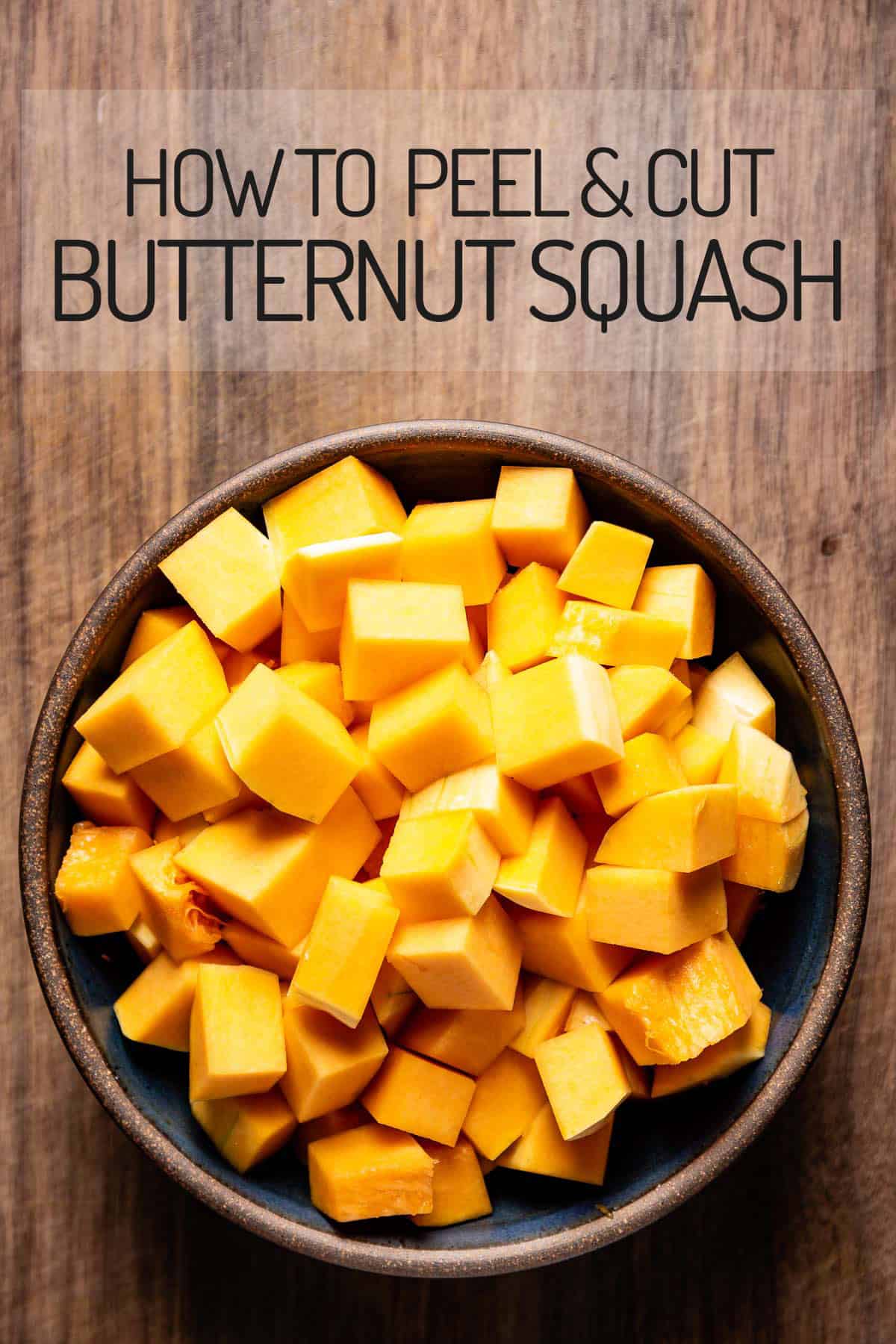 butternut squash cubes in a bowl with text on the image