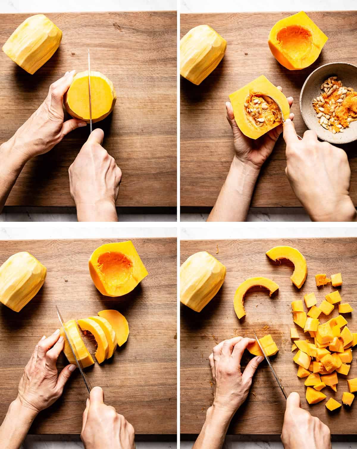 person showing how to cube butternut squash in photos
