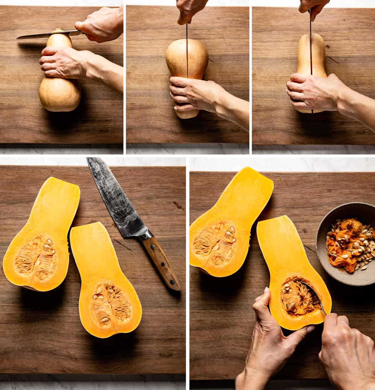 Person showing how to cut butternut squash in half