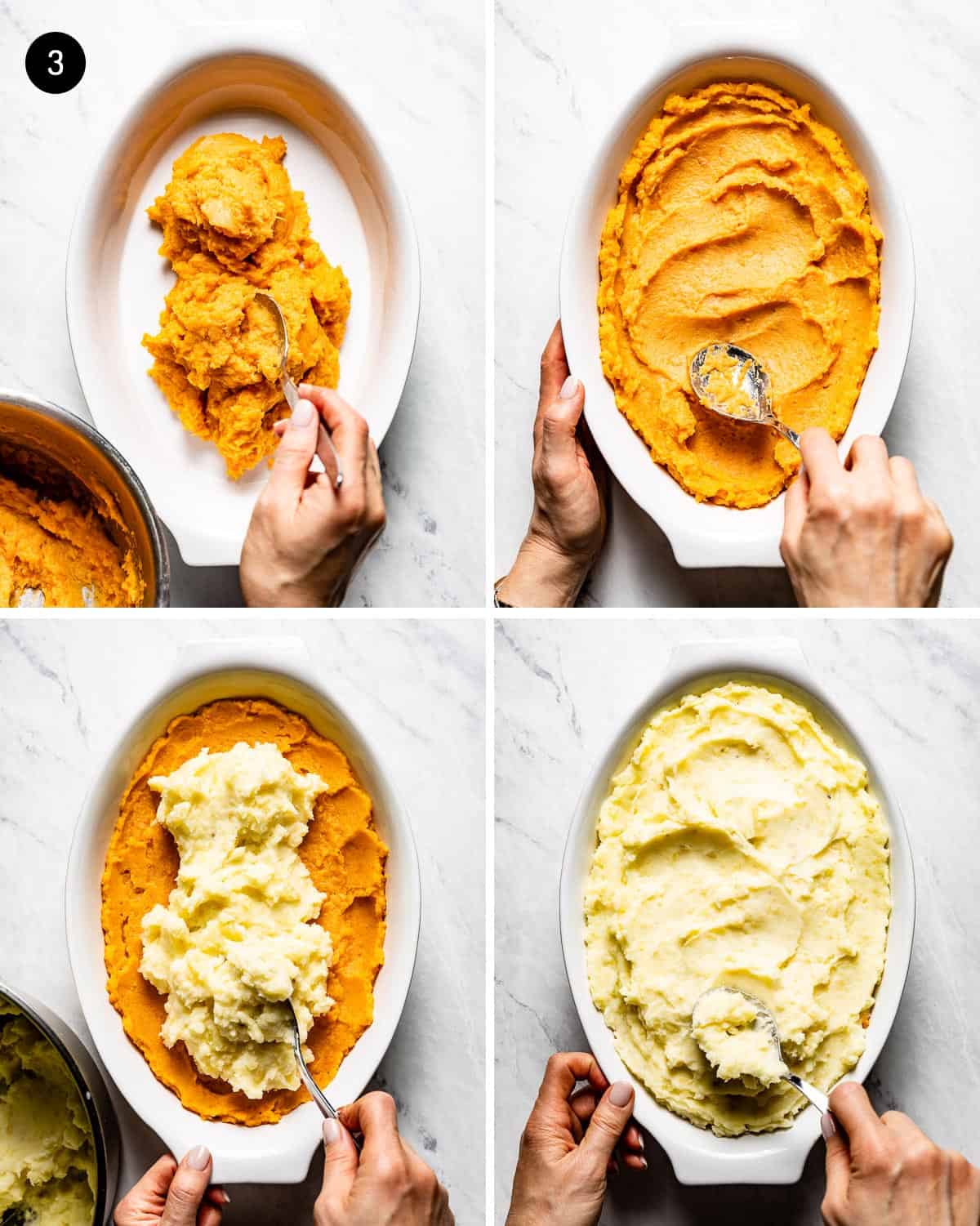 Person layering mashed potatoes in stages