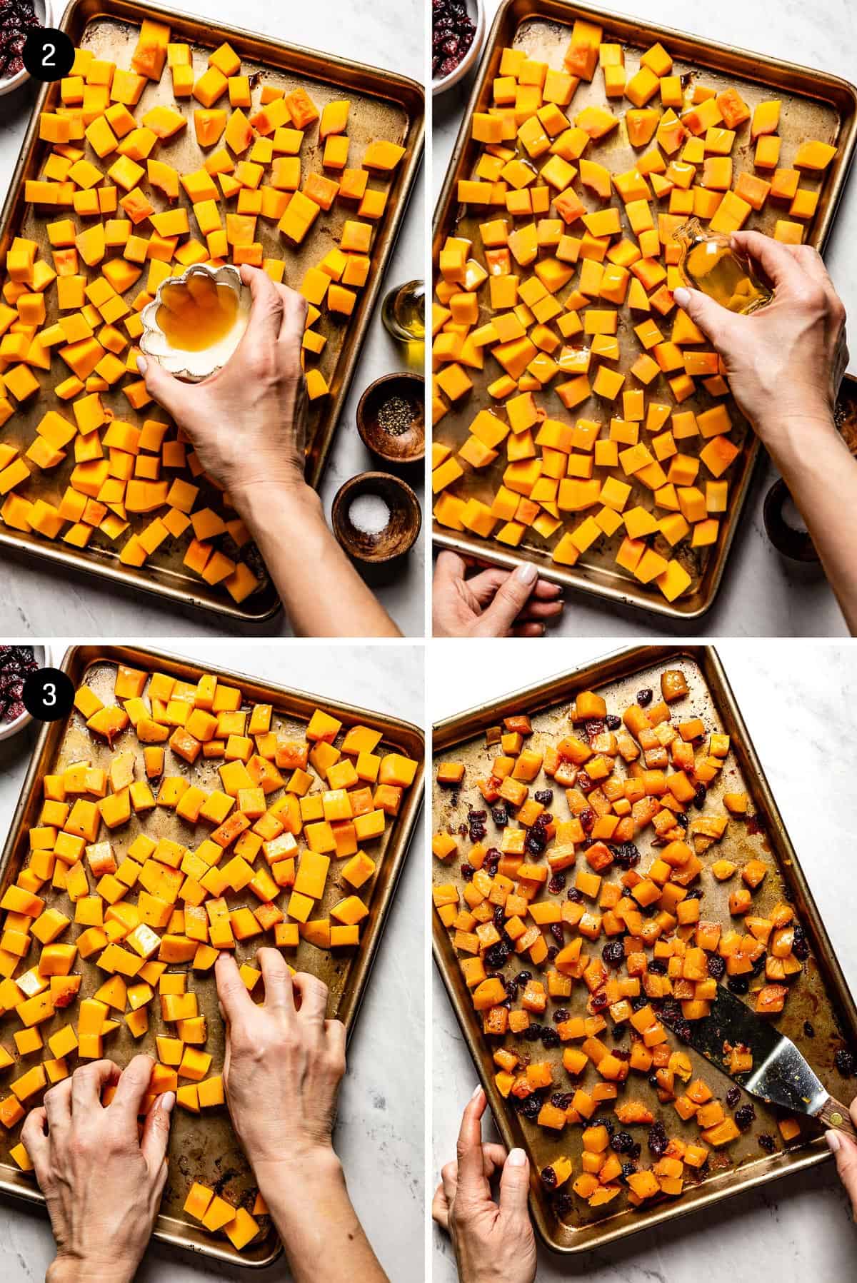 person showing how to roast butternut squash on a sheet pan in a collage