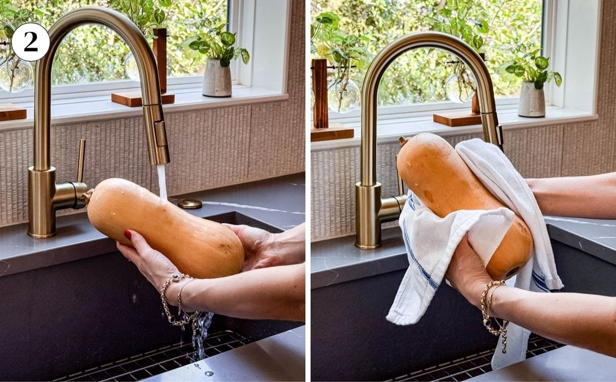A collage of photos showing the rinsing and drying of the butternut squash in a kitchen setting.