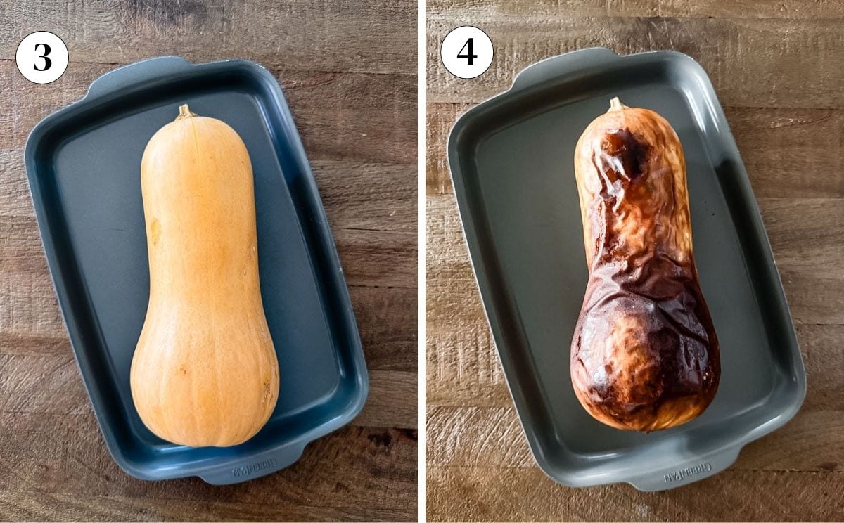 An uncut and unpeeled butternut squash on a sheet pan before and after it is roasted.