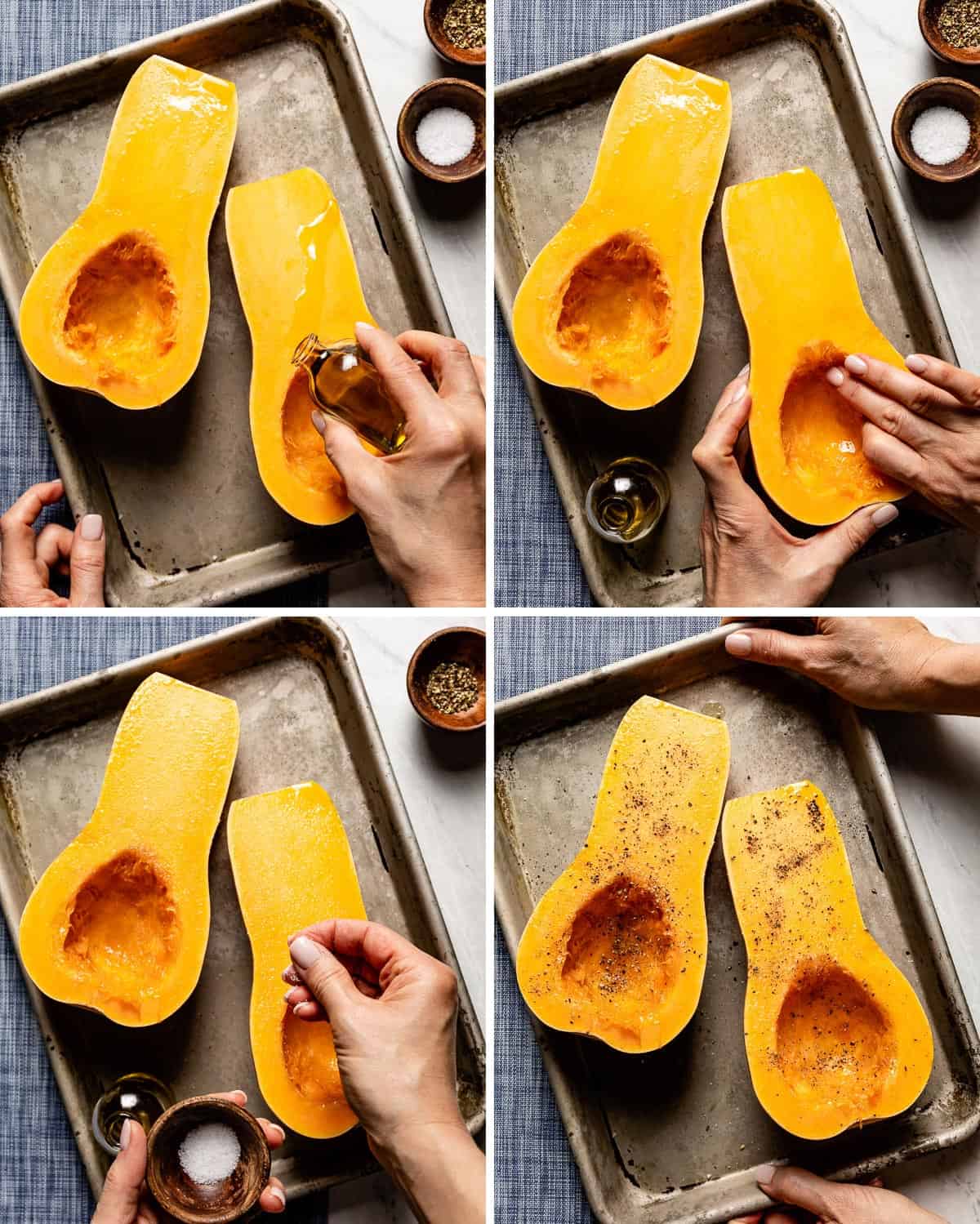 Photos showing how to roast butternut squash halves