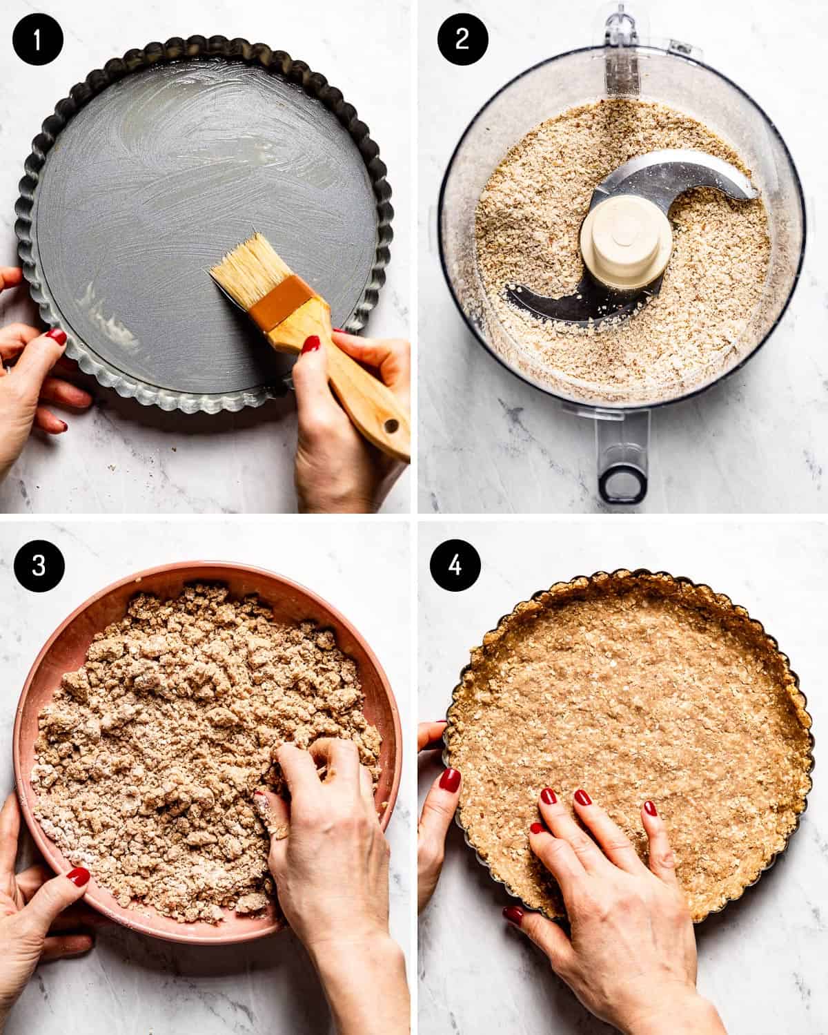 A collage of photos showing how to make the almond flour crust