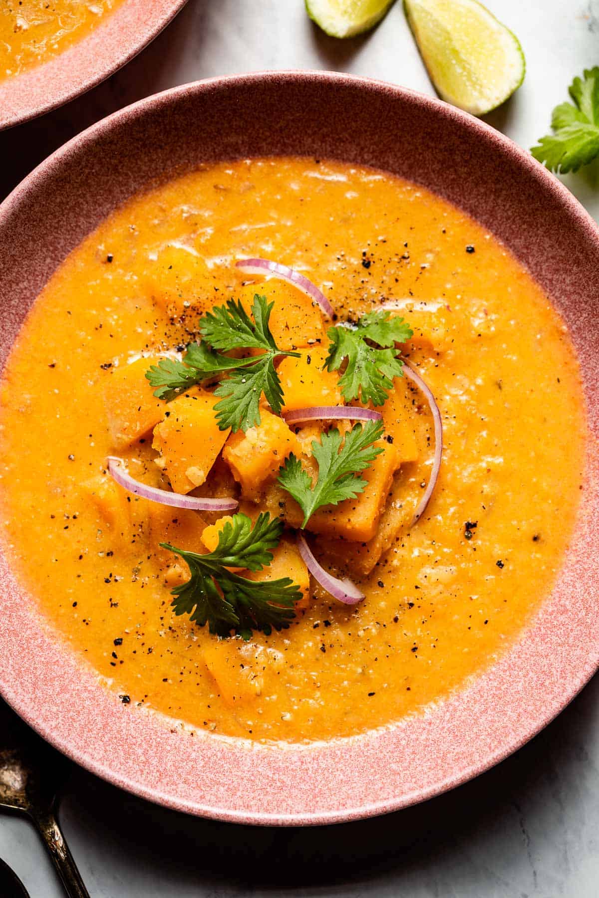 Butternut Squash Thai Curry Soup garnished with red onion and cilantro in a bowl from top view