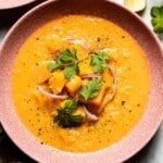 Butternut Squash Thai Curry Soup in a bowl from top view