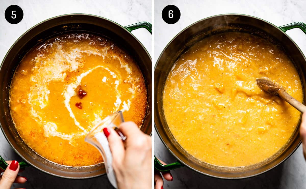 curried butternut squash soup is being mixed by a person
