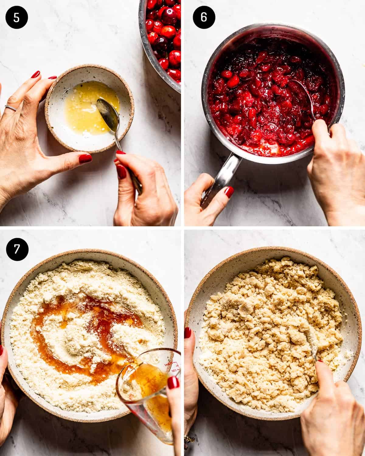 A collage of images showing how to make the cranberry filling and crumble