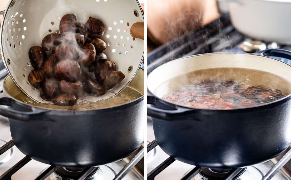 Two images showing how to boil chestnuts