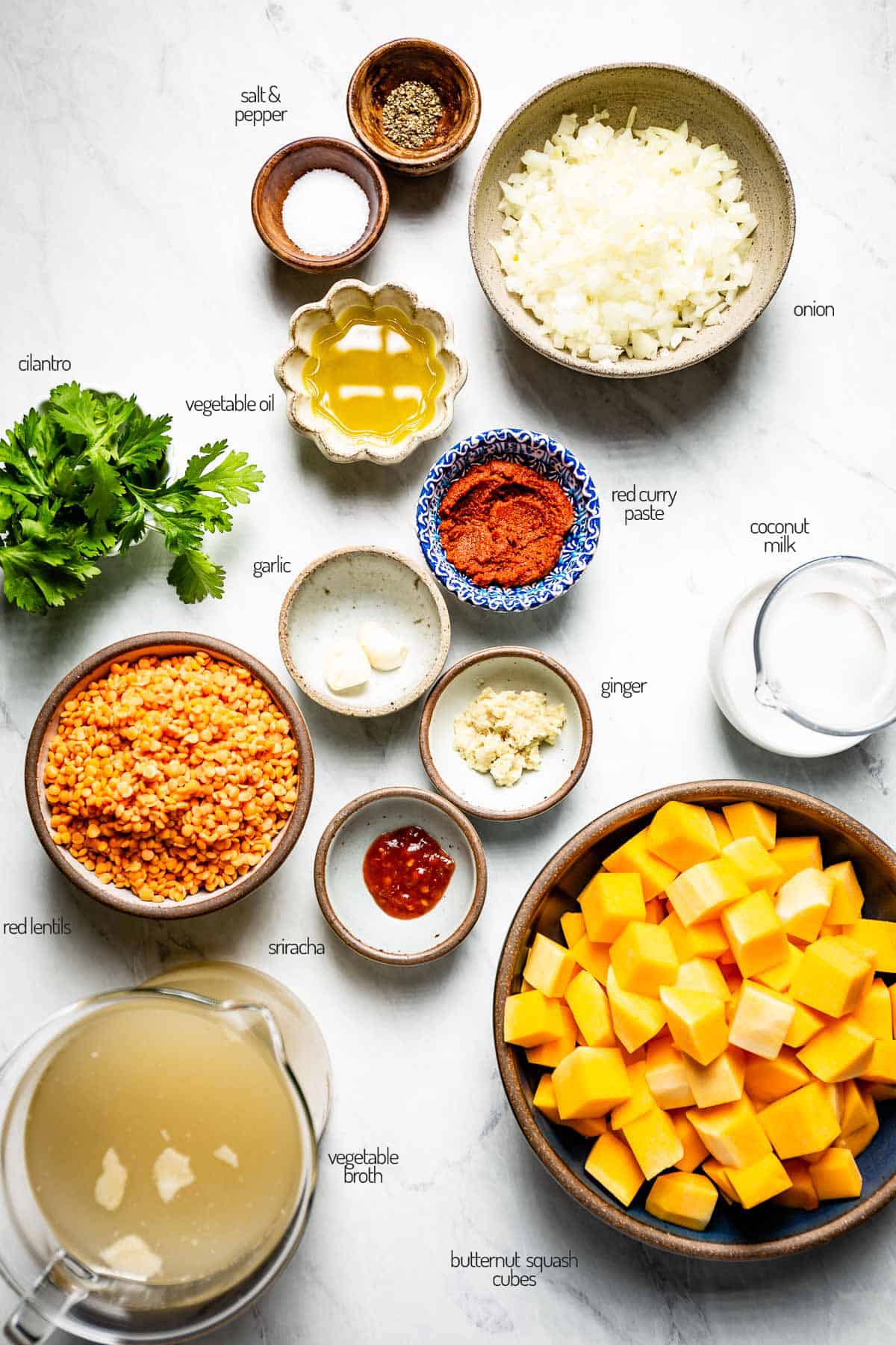 Ingredients are placed in bowls photographed from the top view