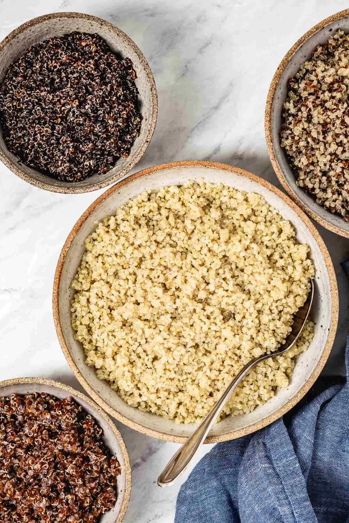 Cooked White, red, multicolor, and black quinoa cooked in bowls