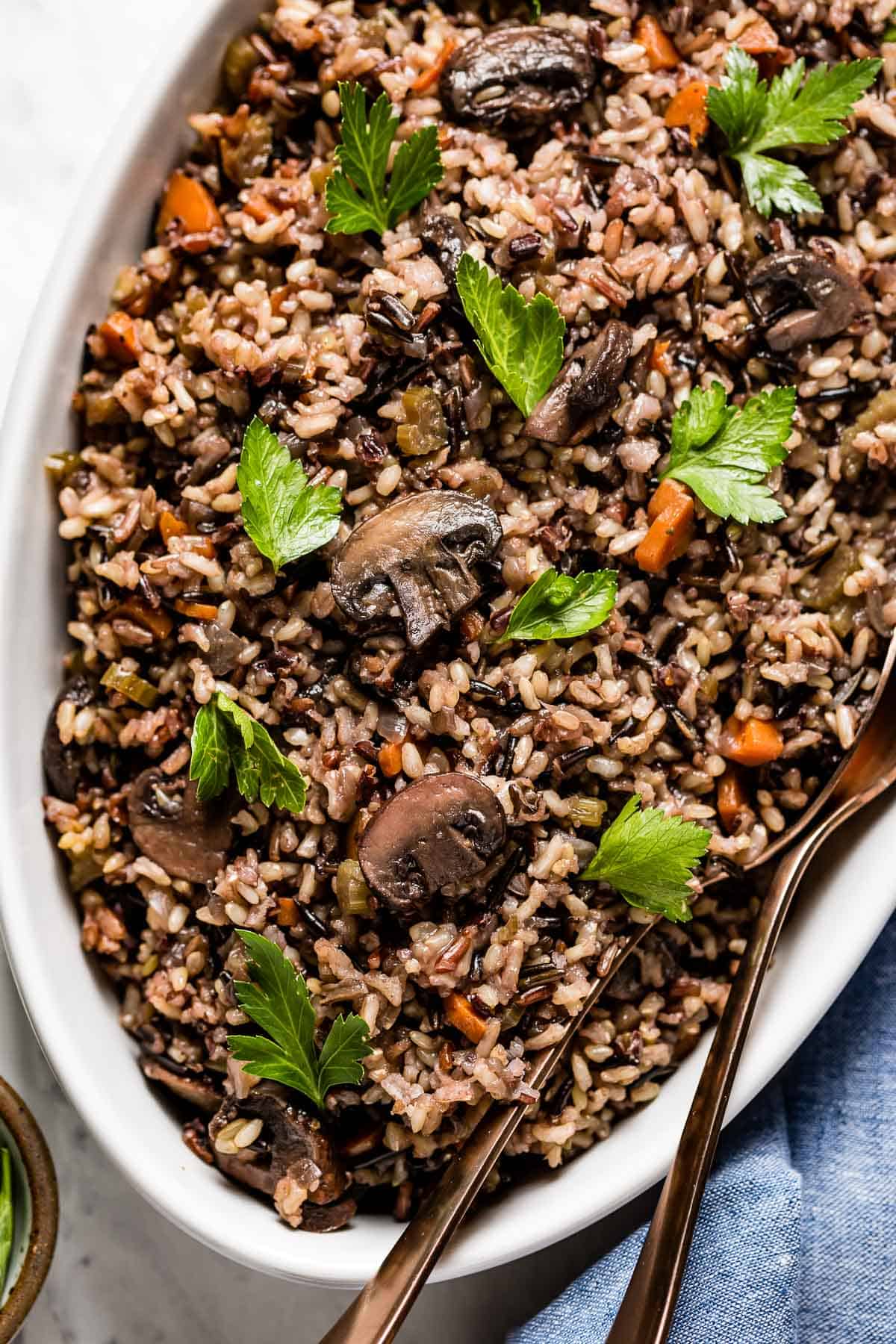 Wild rice pilaf garnished with fresh parsley