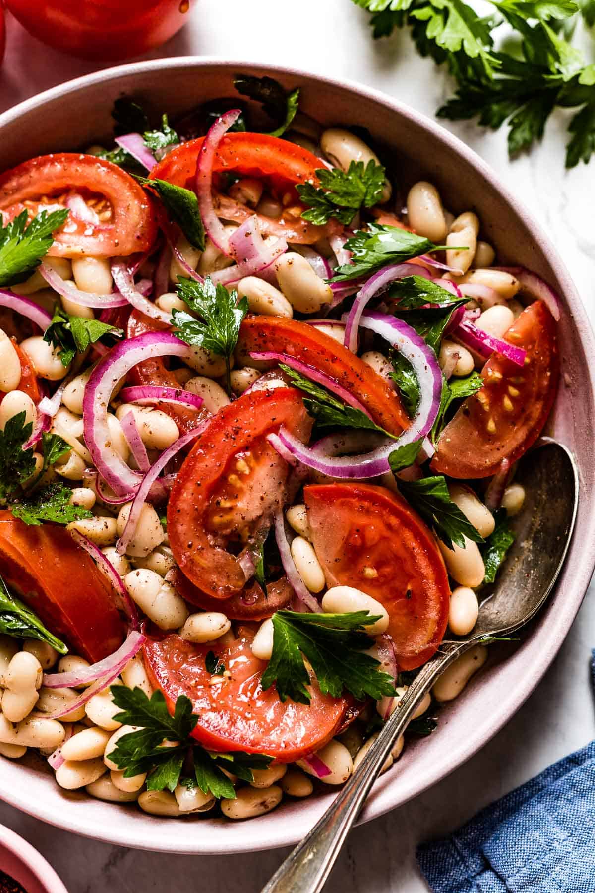 Tomato Salad with white beans from the top view