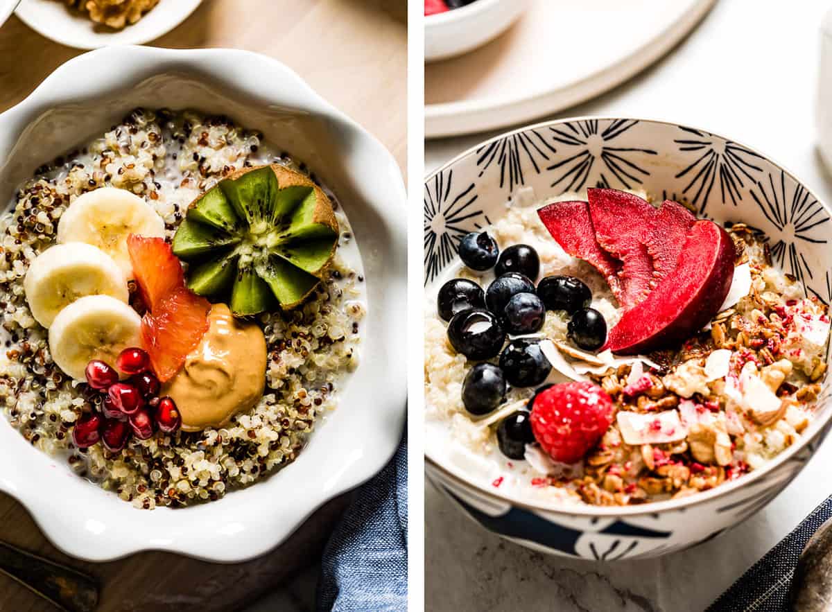 Breakfast quinoa recipes side by side - Quinoa Porridge in Microwave and Quinoa bowl