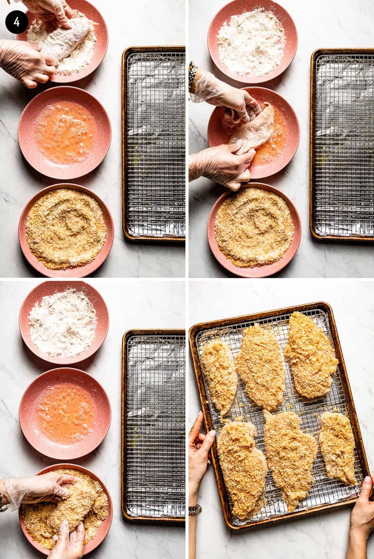 Person showing steps of how to make chicken parmesan with panko