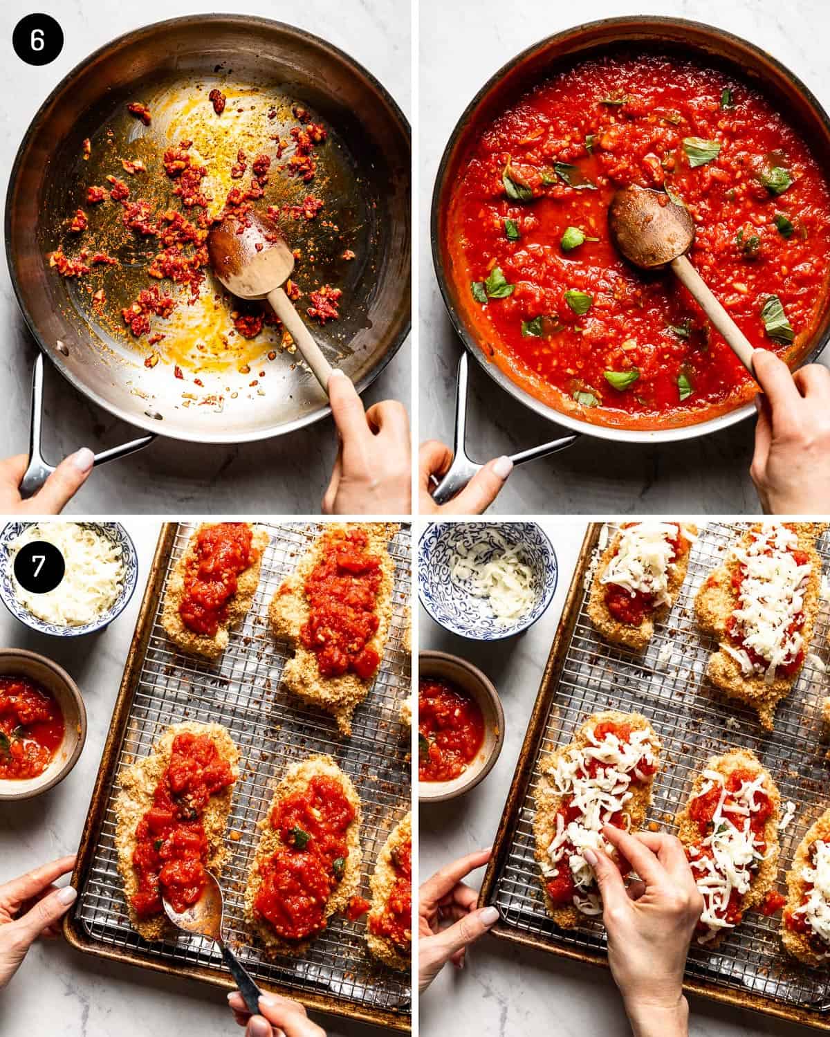 person showing how to make tomato sauce and how to layer chicken parmesan with panko