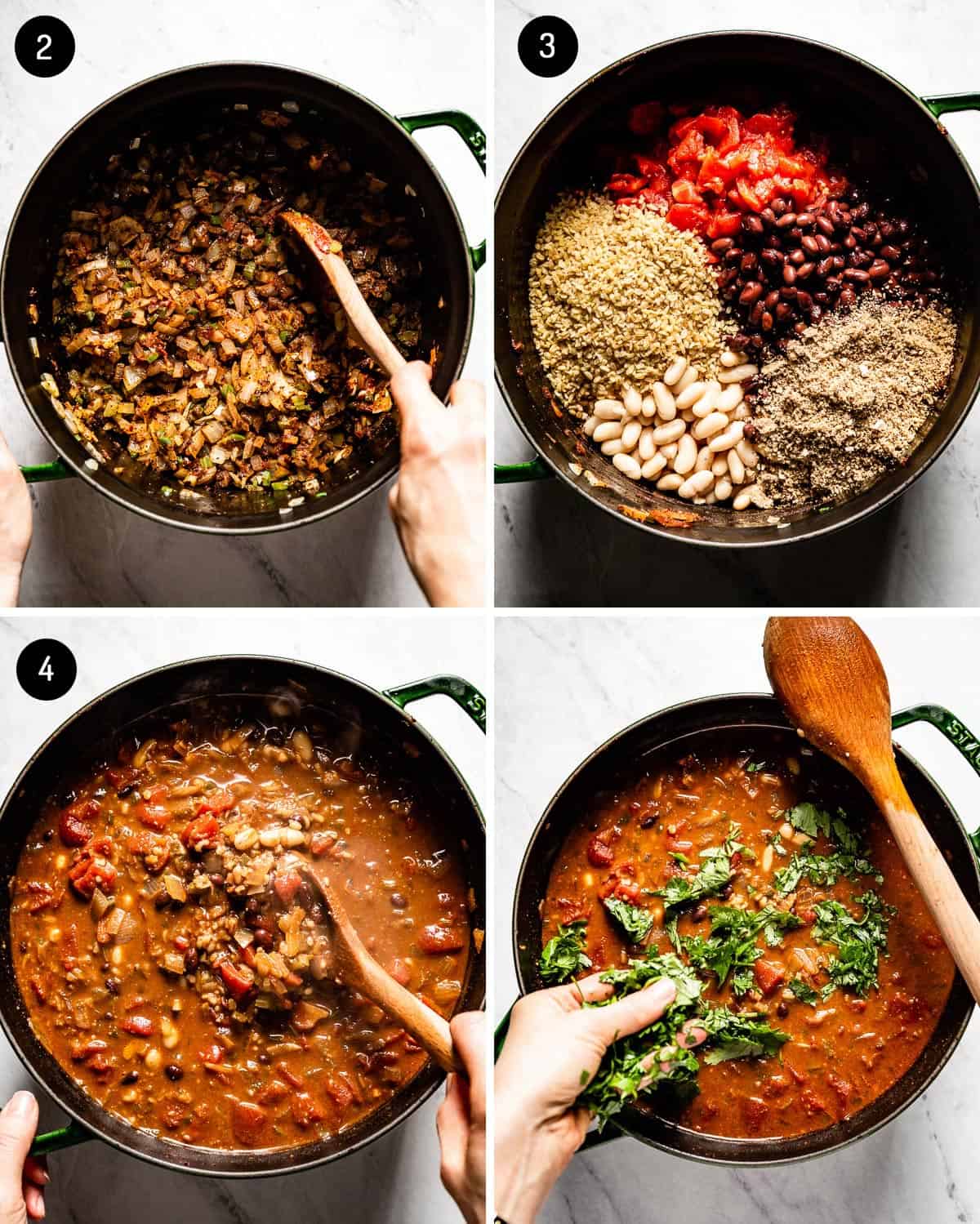 photos showing how take vegetarian chili in four steps