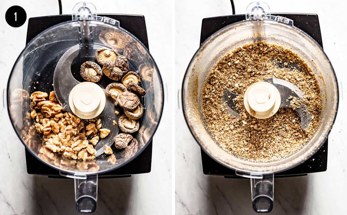 mushroom and walnuts are in a food processor getting mixed