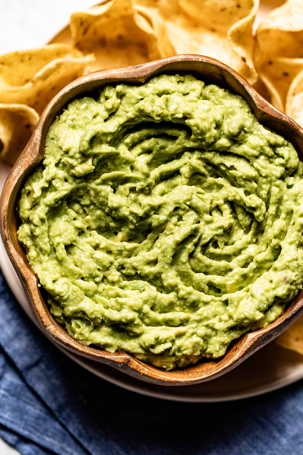 4 Ingredient guacamole from the top view served with tortilla chips