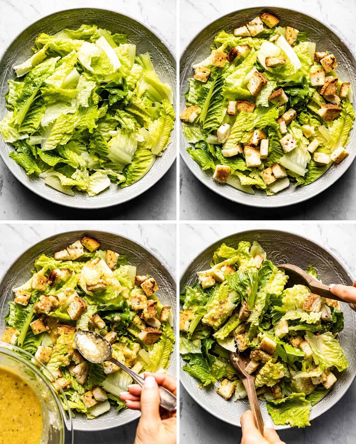 Person showing how to make Caesar Salad in step by step photos