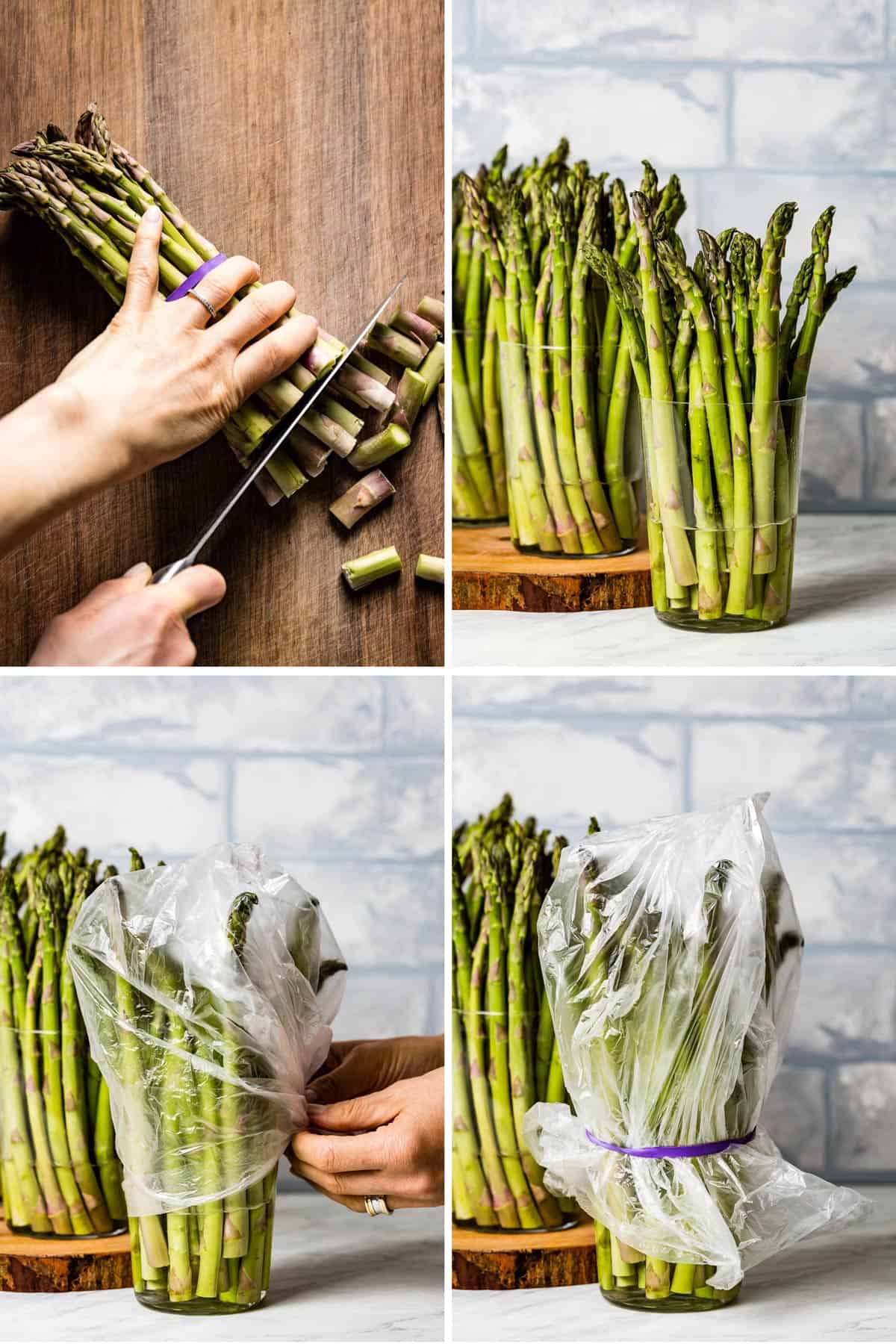 Photos showing how to store asparagus to keep it fresh in the fridge