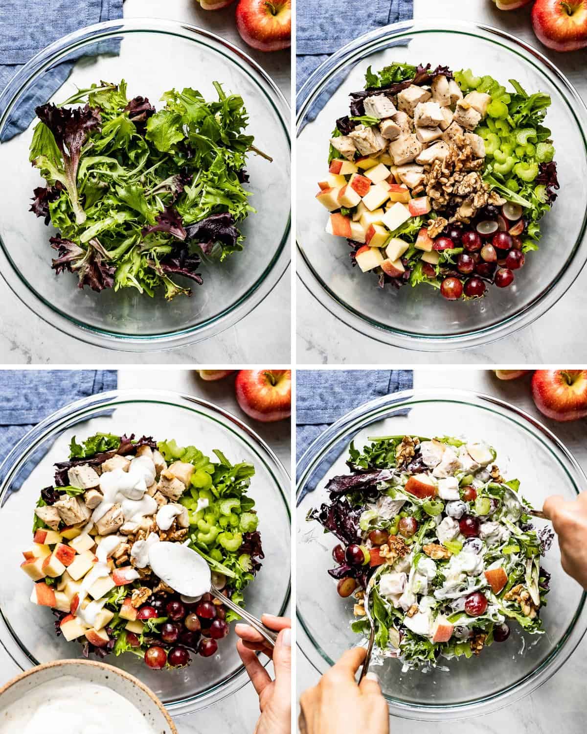 A collage of photos showing how to make Waldorf Chicken salad recipe