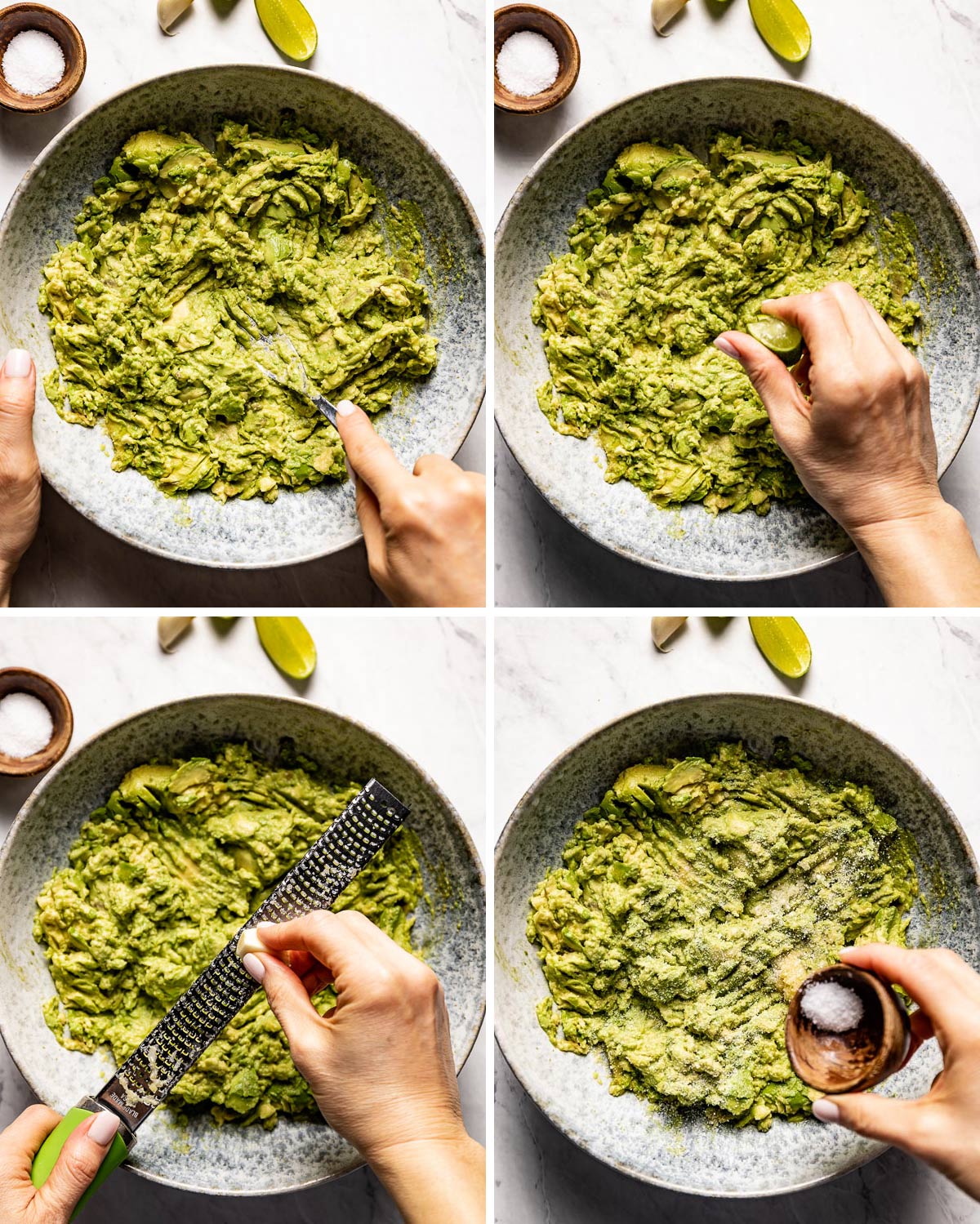 Person showing how to make four ingredient guacamole recipe with step by step photos