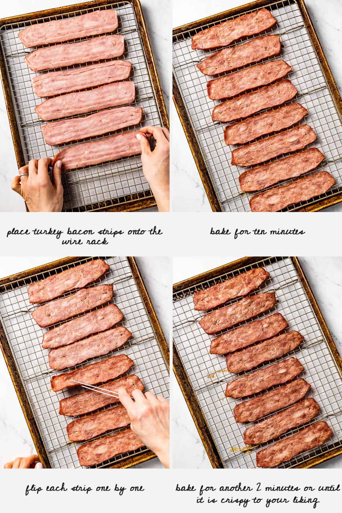 turkey bacon oven directions shown in four photos with how to text on the image