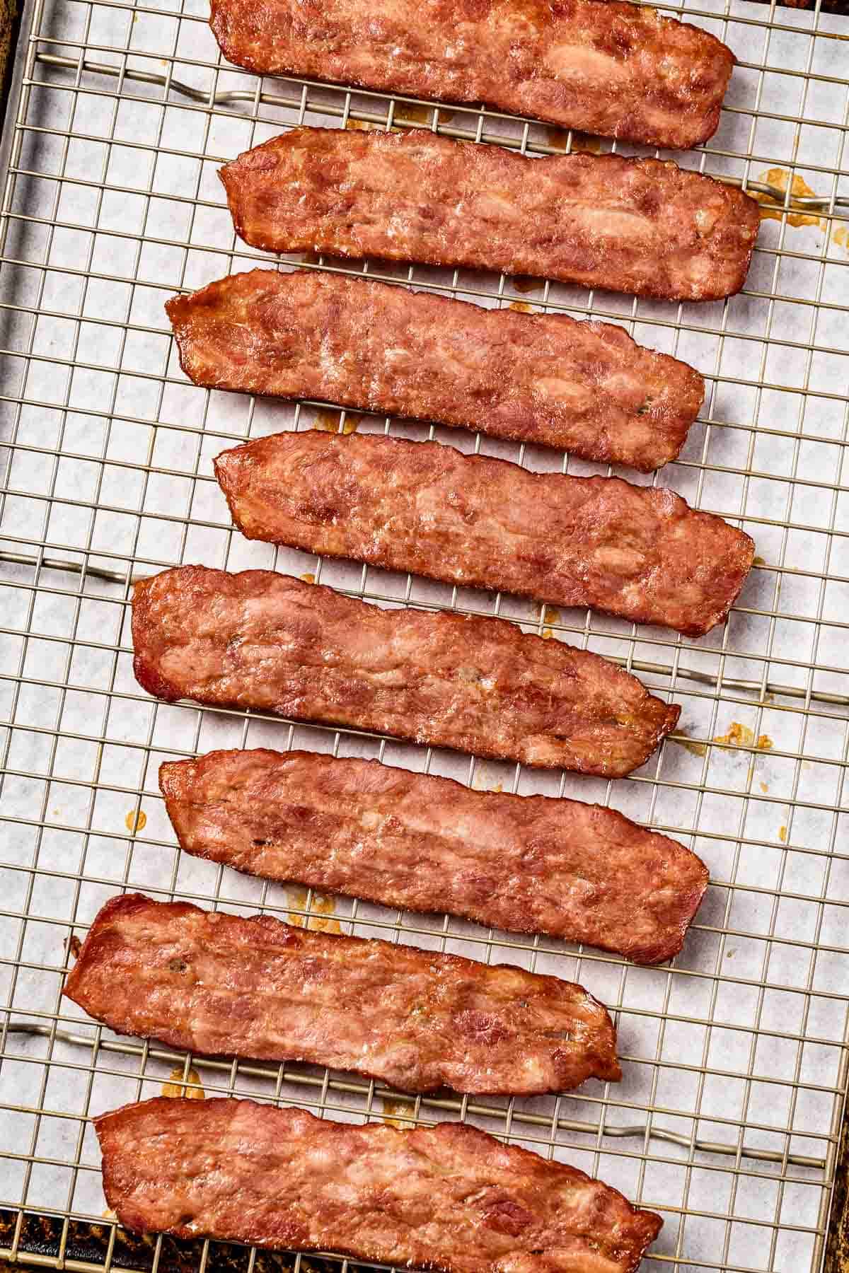 baked crispy turkey bacon on a wire rack